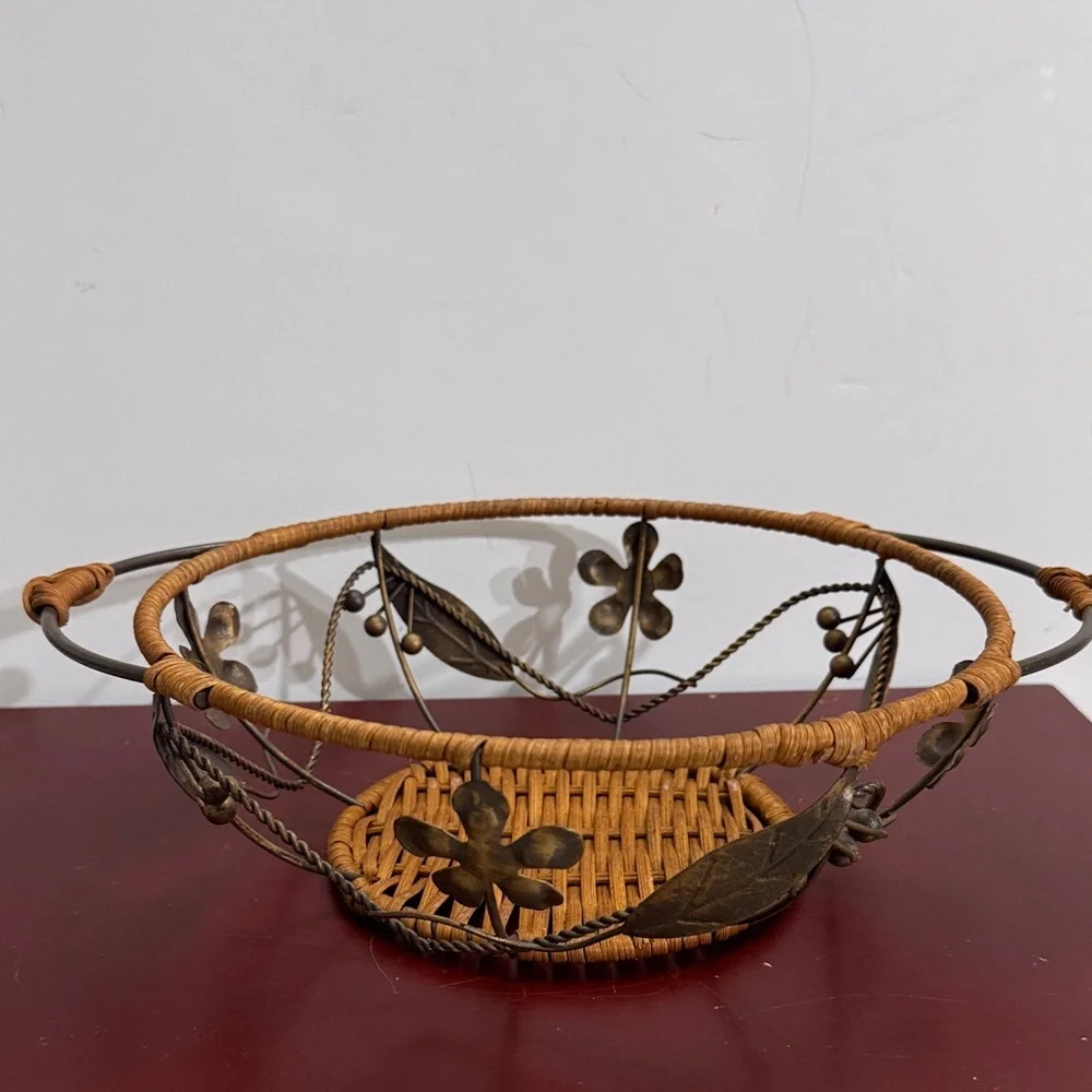 Decorative Woven Metal Basket with Floral Design